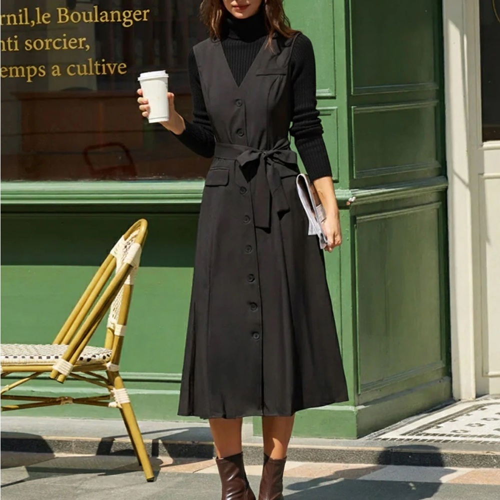 Black V Neck Belted Sleeveless Midi Dress